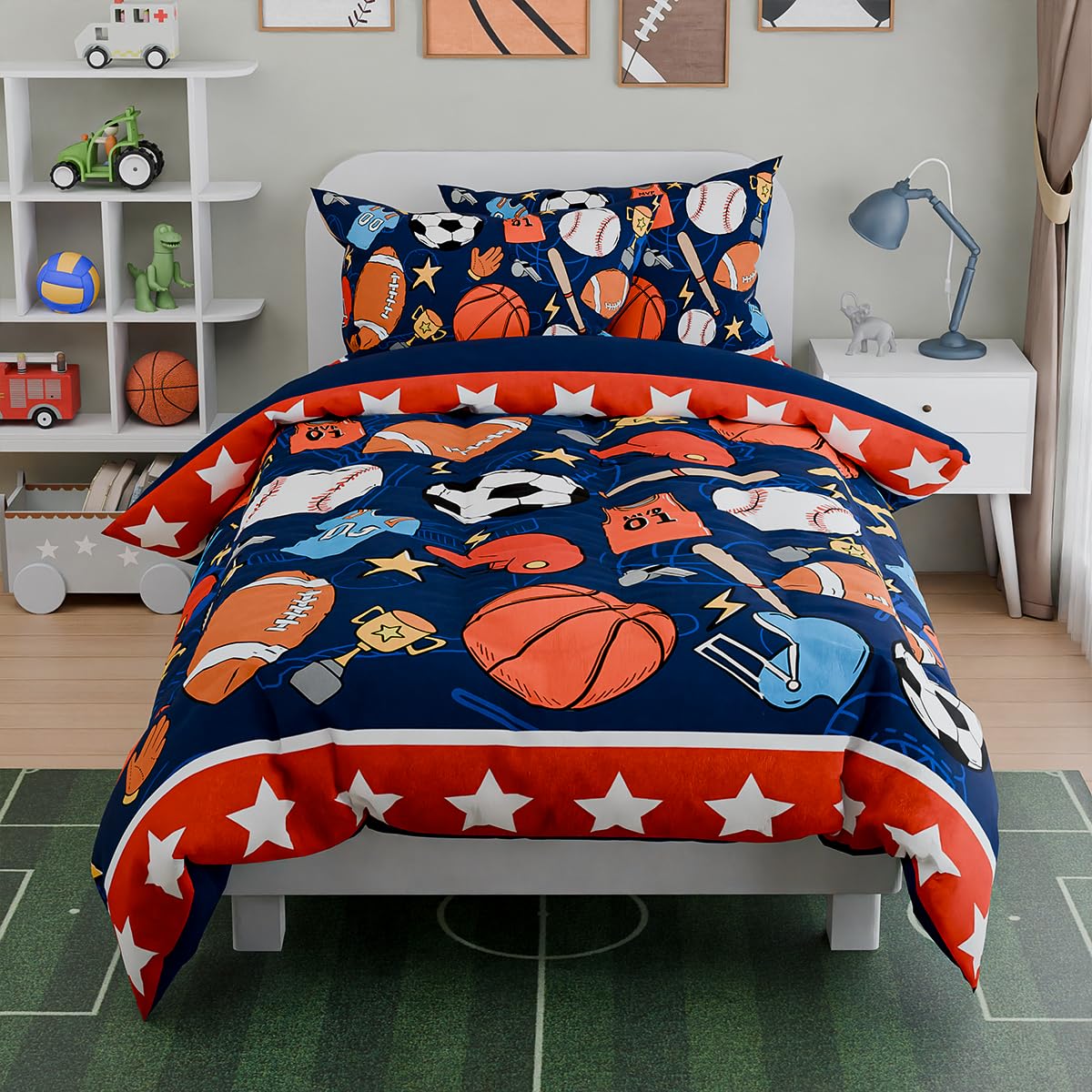 SANDJEST Sports Bedding Sets for Boys, Ultra Soft Microfiber Comforter Bed Set with 3-Pieces, Comforters Sets for Kids Children Boy Bedroom Decor