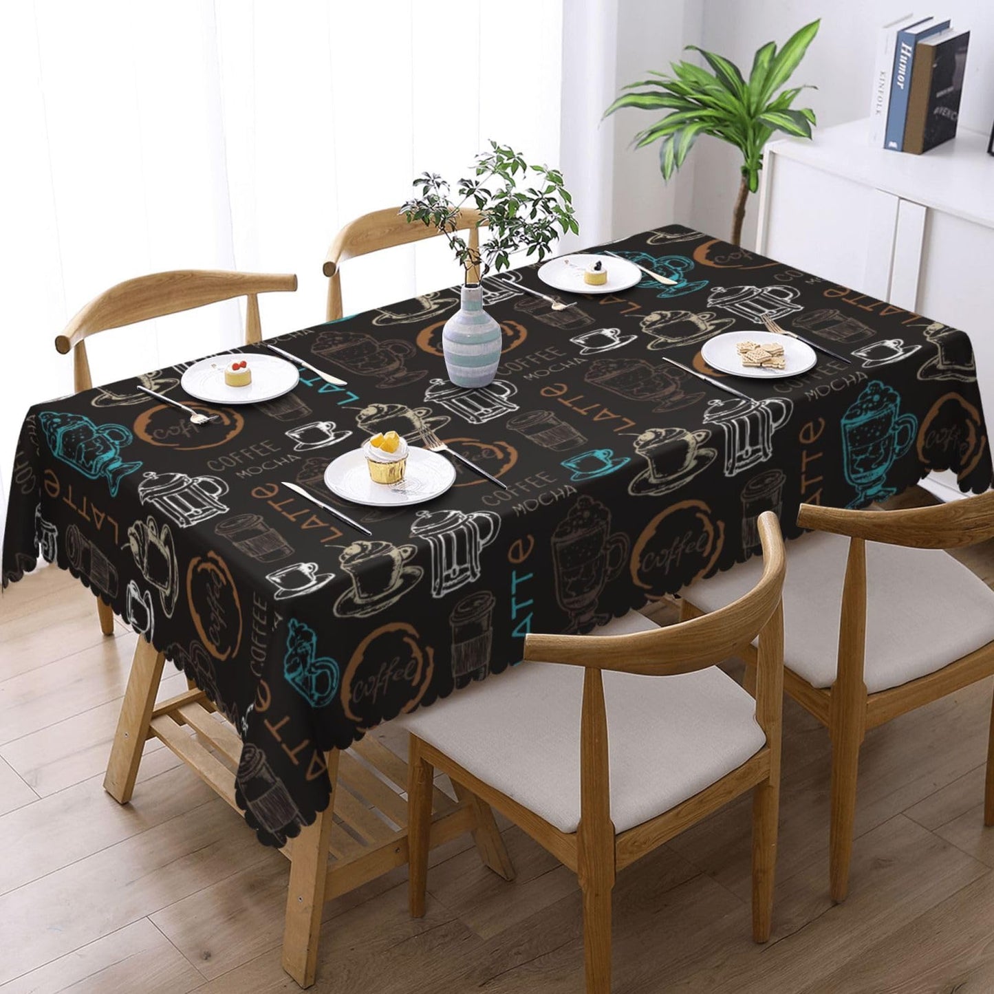 DRAVVIX Doodle Coffee Pattern Rectangular Tablecloth Latte Coffee Table Cloth with Wavy Lace Decoration Polyester Table Cover for Dining, Parties 54x72 inch