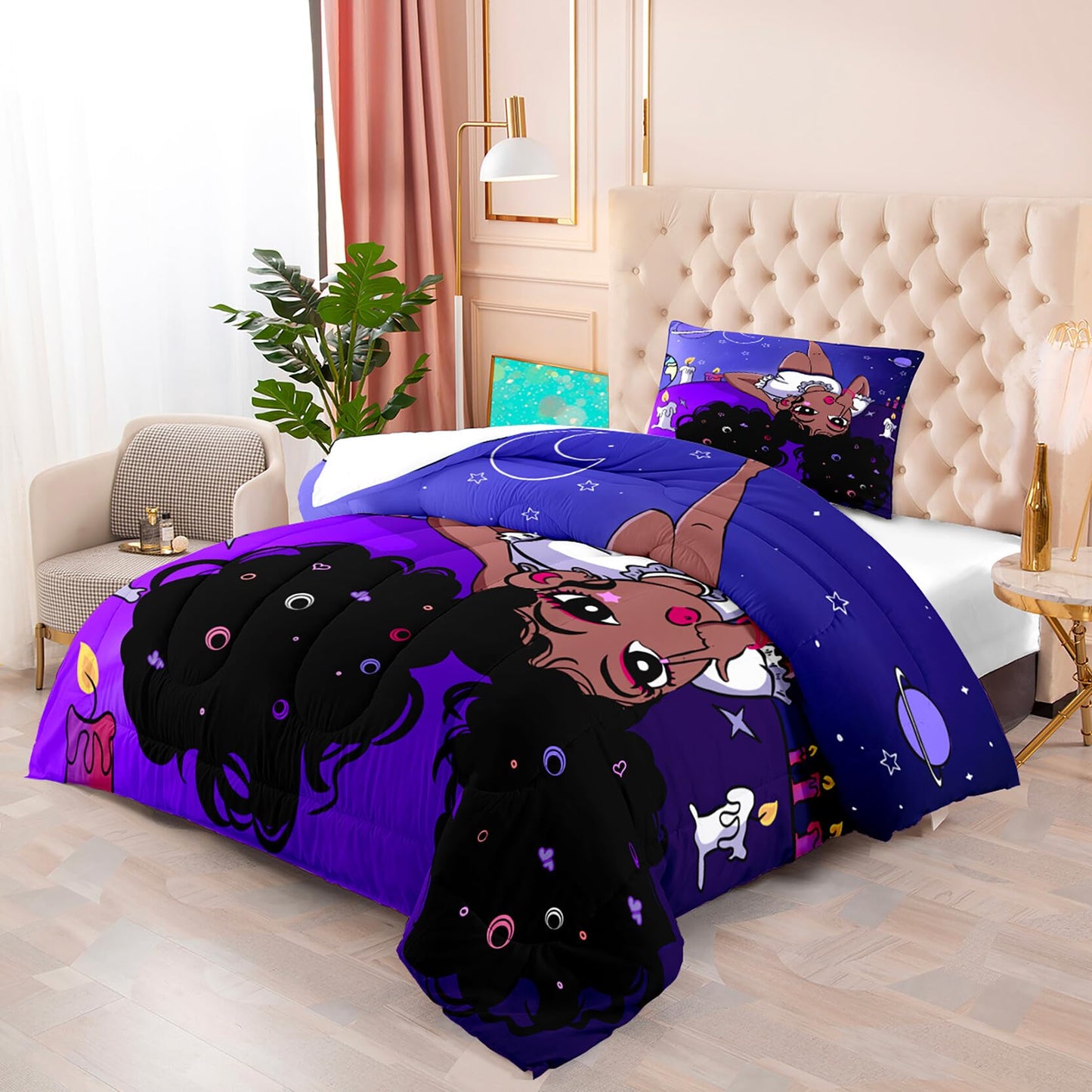 kodhyvj African American Comforter Sets, Black Girls Comforter Set Twin, Girls Bedroom Decor, Purple Black Bedding Set with 1 Comforters +1 Pillowcase