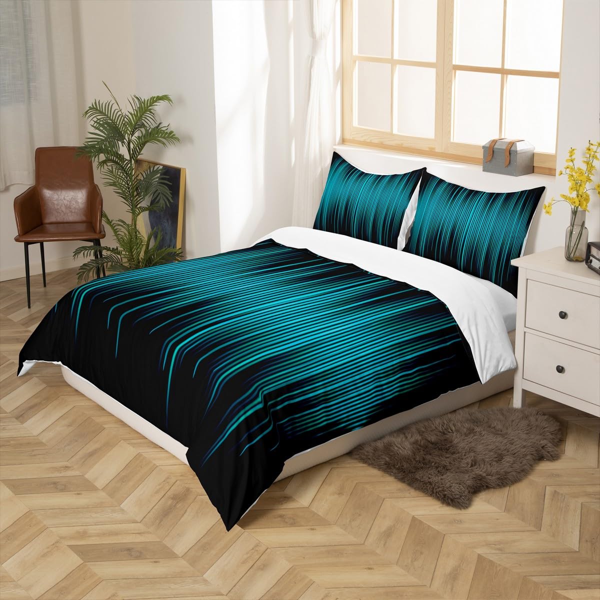 Geometric Abstract Kids Duvet Cover Set King Size,Blue Gradient Striped Lines Bedding Set,Boys Girls Adults Bedroom Decor,Modern Fashion Comforter Cover,Black Simple Quilt Cover,3pcs,2 Pillowcases