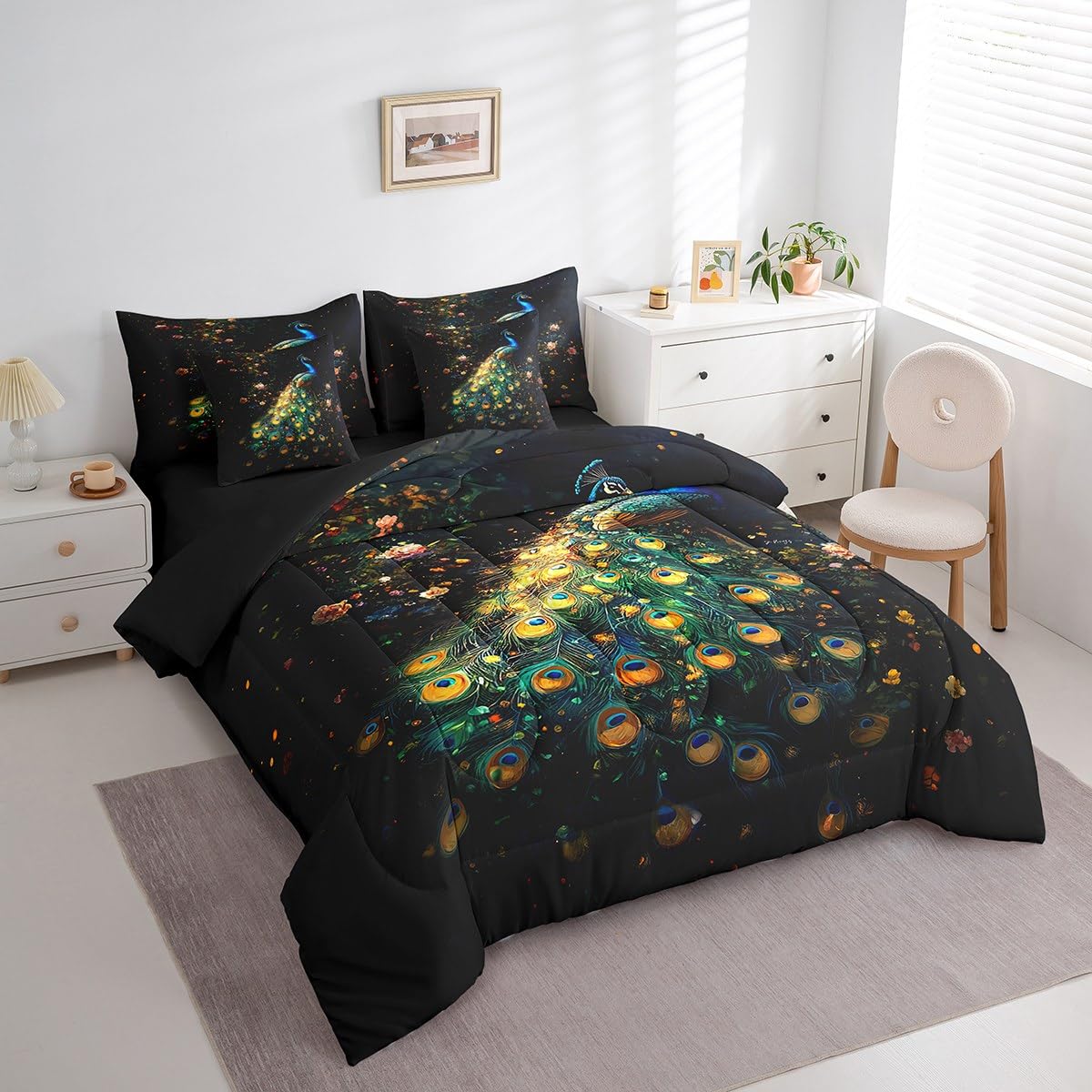 Erosebridal Peacock Comforter Set King Size,Oil Painting Peacock Bird Bedding Set for Kids Teens,Groovy Floral (Comforter+Fitted+Flat Sheet+2 Pillowcases+2 Throw Pillow Covers) 7 Pieces Bed Set