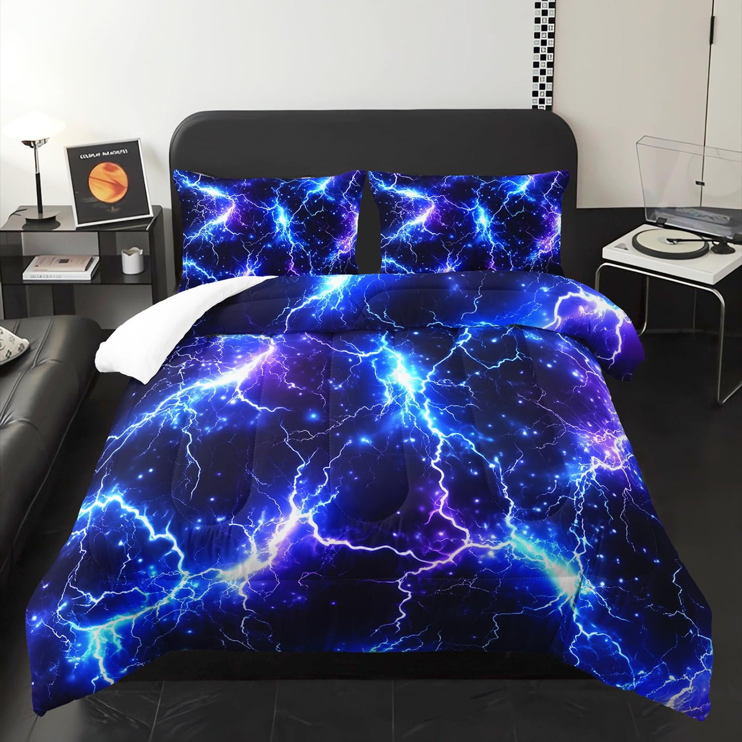 XYNHML Blue Lightning Printed Themed Comforter 3Pcs Twin Sky Natural Disaster Thunder Bedding Set for Kid Teen Girl Boy Adult Mysterious Thunderstorm Quilt Bed Decor with 1 Comforter & 2 Pillowcases