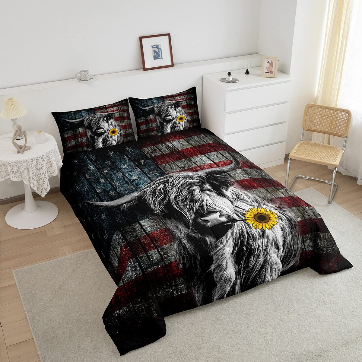 Feelyou Highland Cattle Bedding Set Sunflower Highland Cow Comforter Set for Kids Boys Girls America Flag Bull Comforter Animal Quilt Set 1 Comforter Set with 1 Pillowcase Twin Size