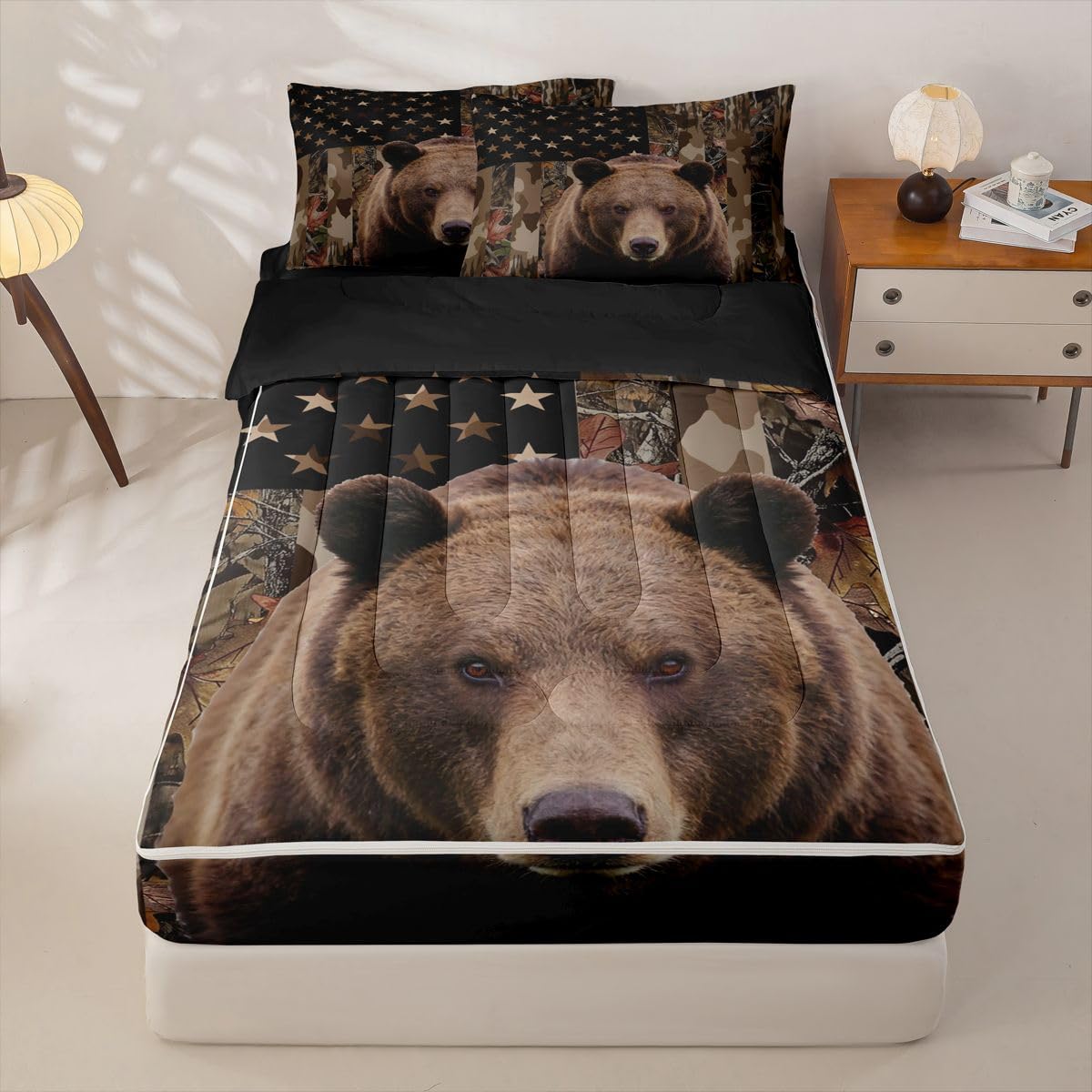 jejeloiu Bear Hunting Camo Zipper Bedding Rustic Western Bear Comforter Set for Kids Boys Girls Twin Size Brown Camouflage Zippered Kids Bedding Set Ultra Soft American Flag Bed in a Bag