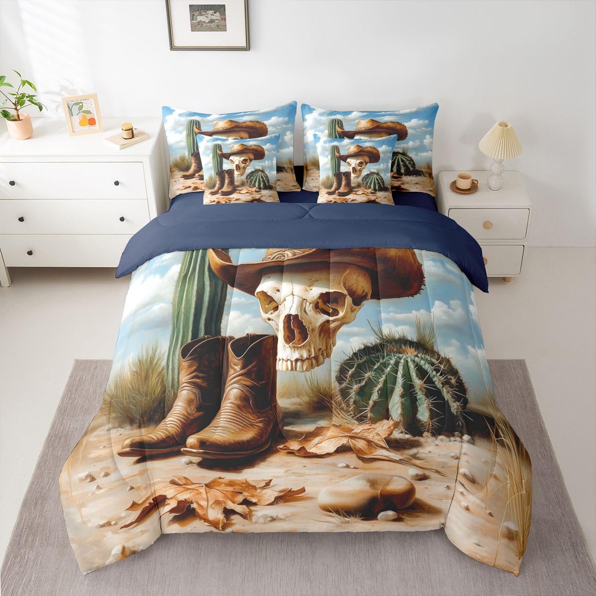 Erosebridal Sugar Skull 7 Piece Bedding Set Queen Cowboy Hat Comforter Set with Sheets Boots Cactus Maple Leaves Clear Sky Bed in a Bag Boho Western Clouds Desert for Teens Men Women