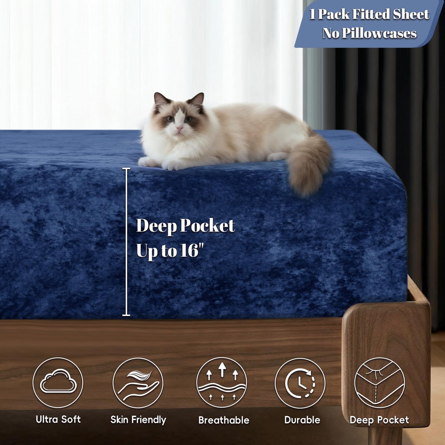 PHF Truly Velvet Fitted Sheet Only Queen Size, Luxury Super Soft Cozy Fuzzy Fleece Bottom Sheet, Deep Pocket Up to 16",Strenghth Elastic Band,Suitable for Fall Winter Spring, No Pillowcases, Navy Blue