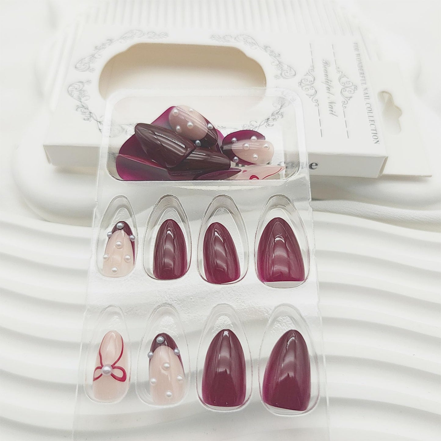French Tip Press on Nails Short Almond Fake Nails Wine Red Rhinestone Bow Design Stick on Nails Full Cover Reusable Glue on Nail Women Manicure 24Pcs