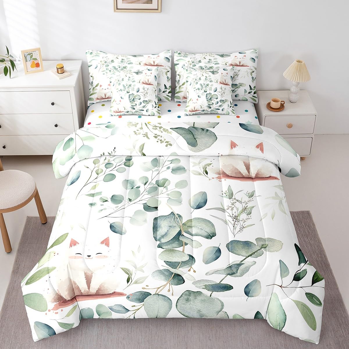 Erosebridal Kawaii Cat King Comforter Set 7 Pieces for Boys Girls Cartoon Animal Bedding Comforter Sets, Eucalyptus Leaves Bed in a Bag Pet Kitten Bedding Set, Tropical Botanical Plants Bed Sheets Set
