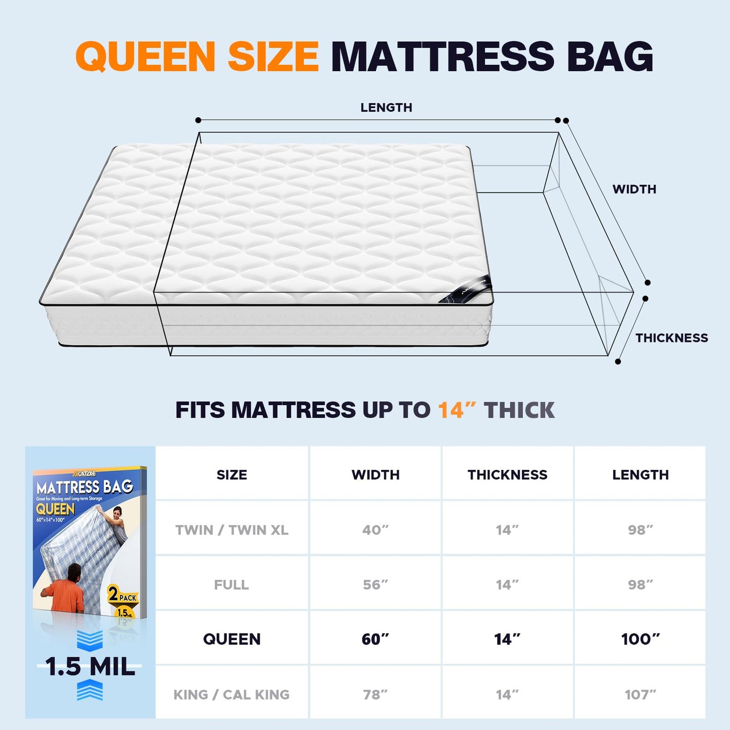 2PCS Plastic Mattress Bag for Moving Storage, Waterproof Mattress Cover, Mattress Protector for Moving Supplies - Queen Size (1.5MIL)