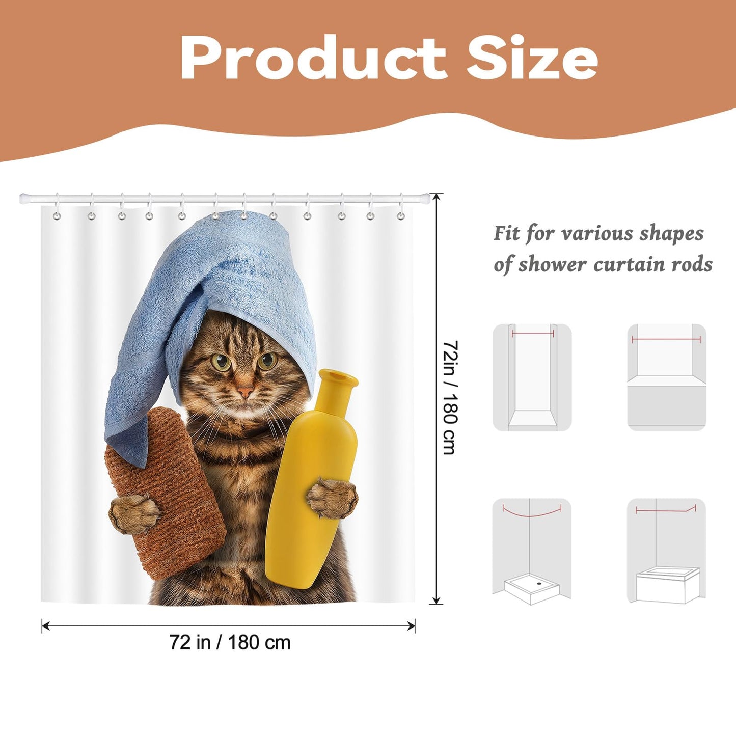 Hopomoon Funny Cat Shower Curtain,Cute Cats Waterproof Polyester Fabric Bathroom Curtain with 12 Hooks for Kids and Adults,72 x 72 inch