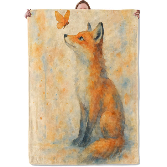 Mounidso Watercolor Fox Blanket Gifts for Women Girls Kids, Soft Warm Lightweight Flannel Cute Butterfly Throw Blankets for Bedroom Living Room Home Sofa Camping Decor 50" x 60", Animal Throws