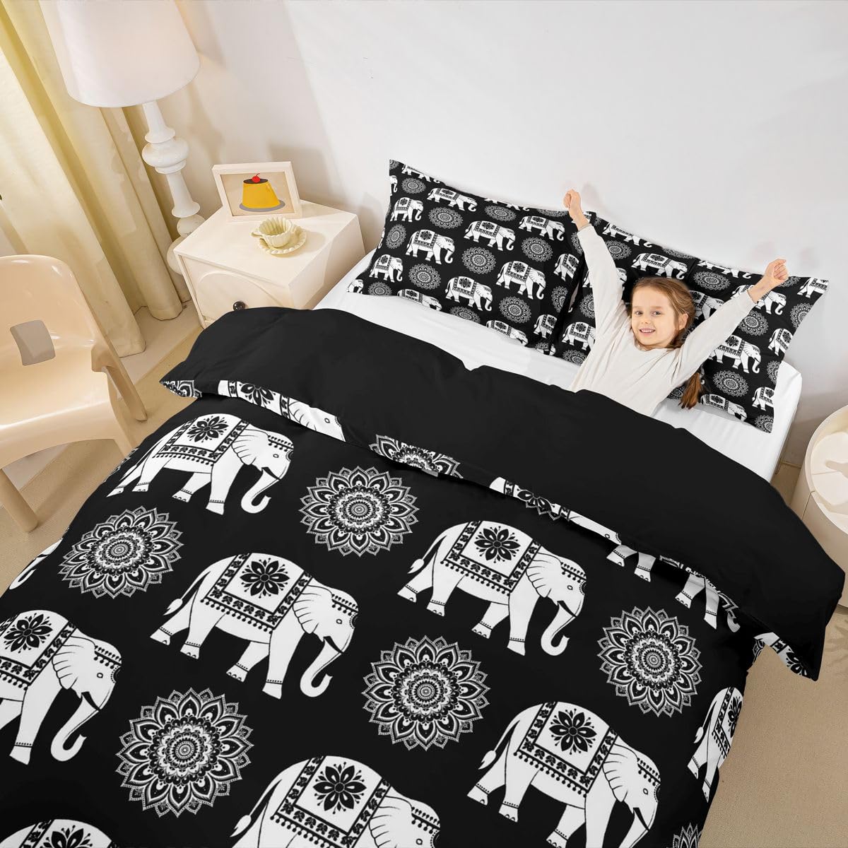 Erosebridal Elephant Bedding Set Twin Bohemian Floral Duvet Cover for Kids Teens Contemporary Aesthetic Comforter Cover Bohemian Cute Animal Bed Set