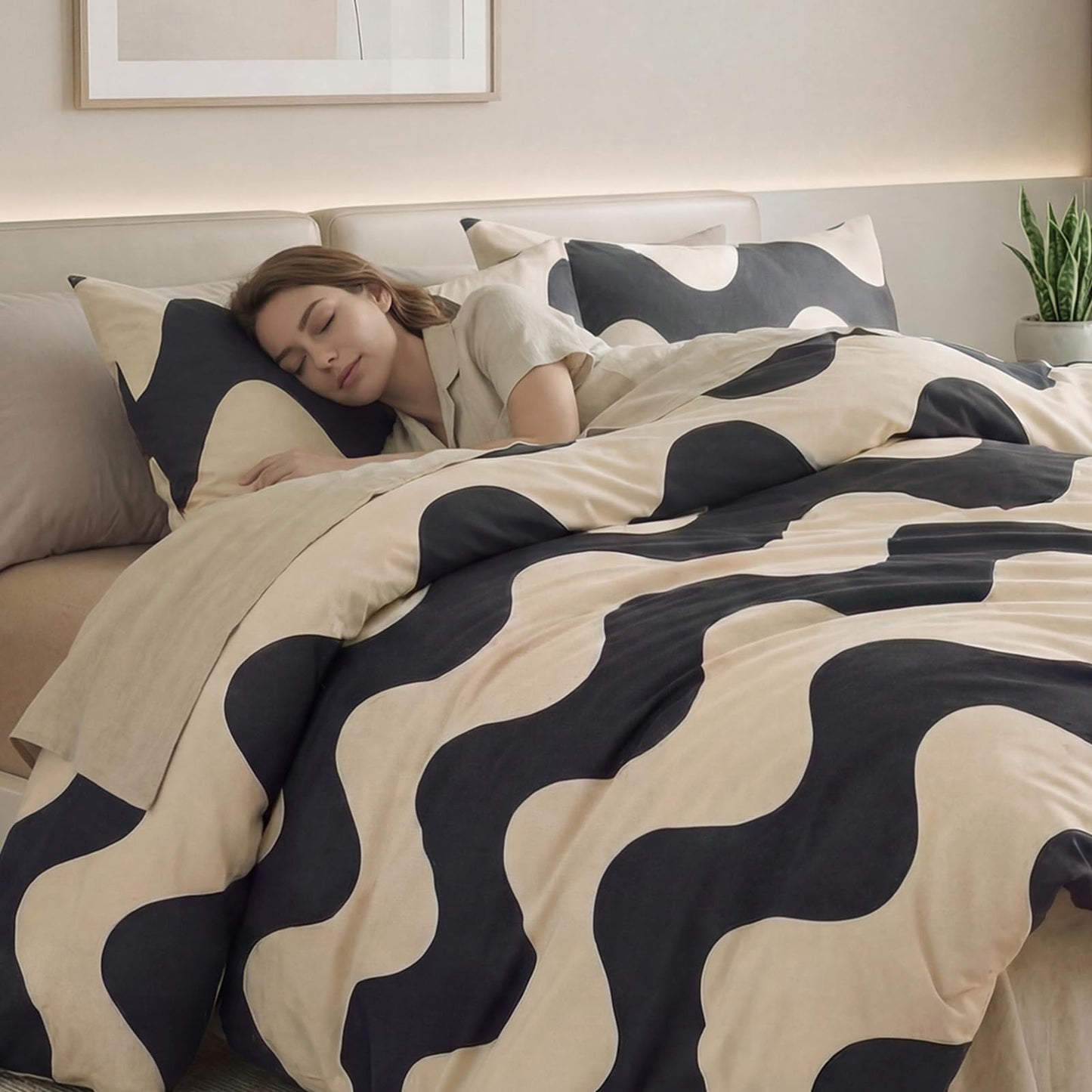 Cozaline 100% Cotton Duvet Cover Queen Size,Cream White Black Geometric Striped Pattern Bedding Set with Zipper Closure, 3 Pcs Breathable and Soft Minimalist Modern Duvet Cover