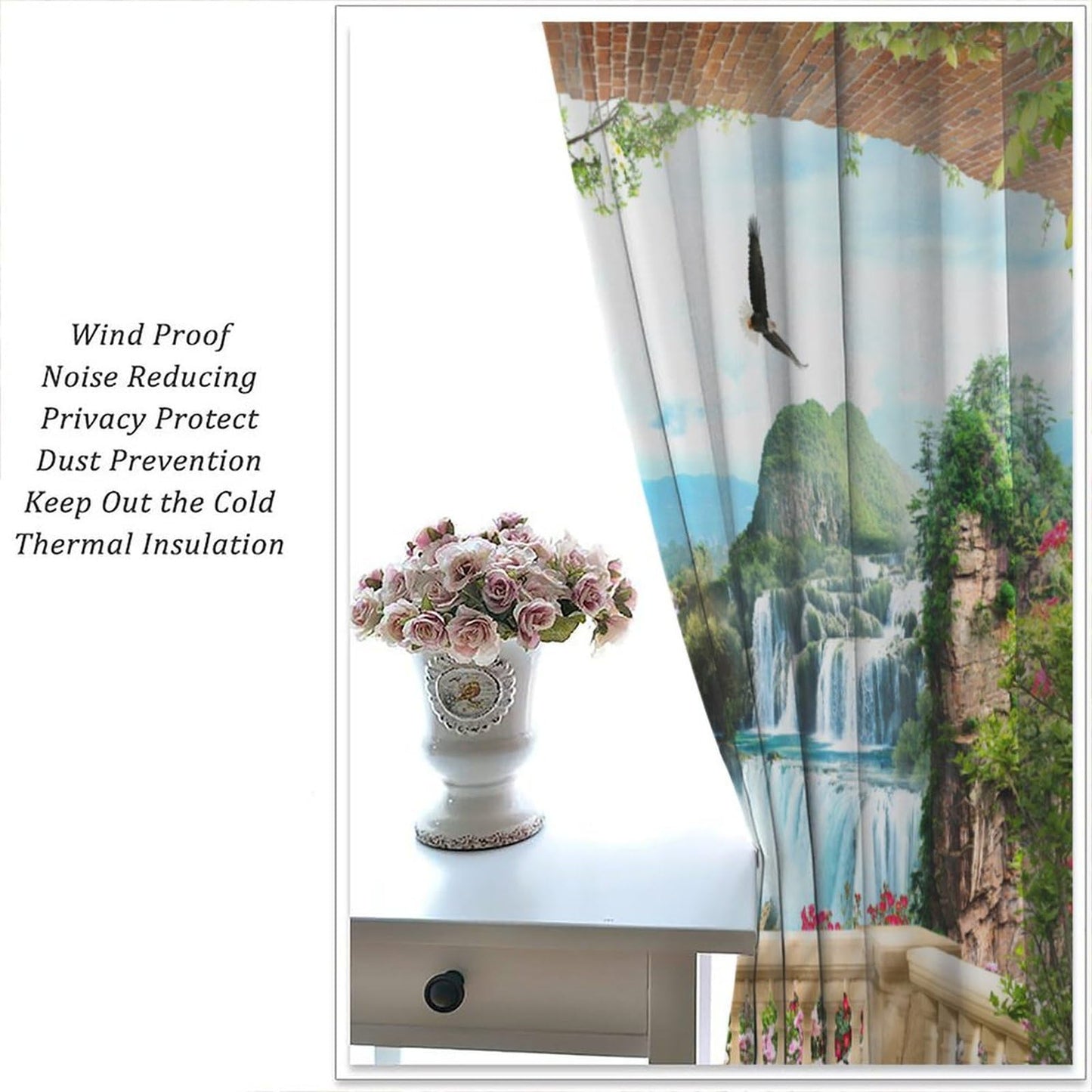 AAVEUP Italian Building Curtains for Kitchen,European Vintage Rustic Romantic Waterfall Natural Flower Landscape Architecture Window Treatments Print for Bedroom Living Room 42x45in（No Blackout）