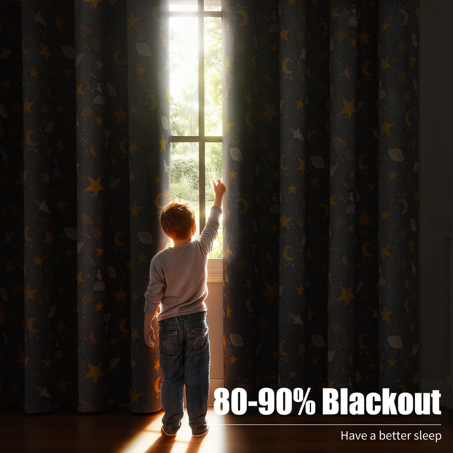 Estelar Textiler Planets Unicorn Printed Grey Blackout Curtains for Nursery Bedroom, Thermal Insulated Room Darkening Star Moon Pattern Grommet Window Drapes for Toddler Room,Gray, W38 x L63, 2 Panels