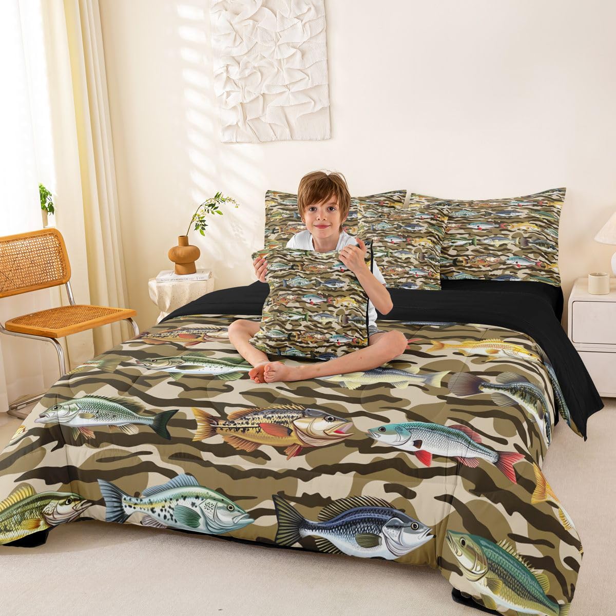 Kids Camo Pike Fish 7-Piece Bed in a Bag Full for Boy Teens Adults | Camo Hunting and Fishing Bedding Set Rural Camouflage Hunting Comforter Set with Sheets Rustic Cabin Country Farmhouse Duvet Insert