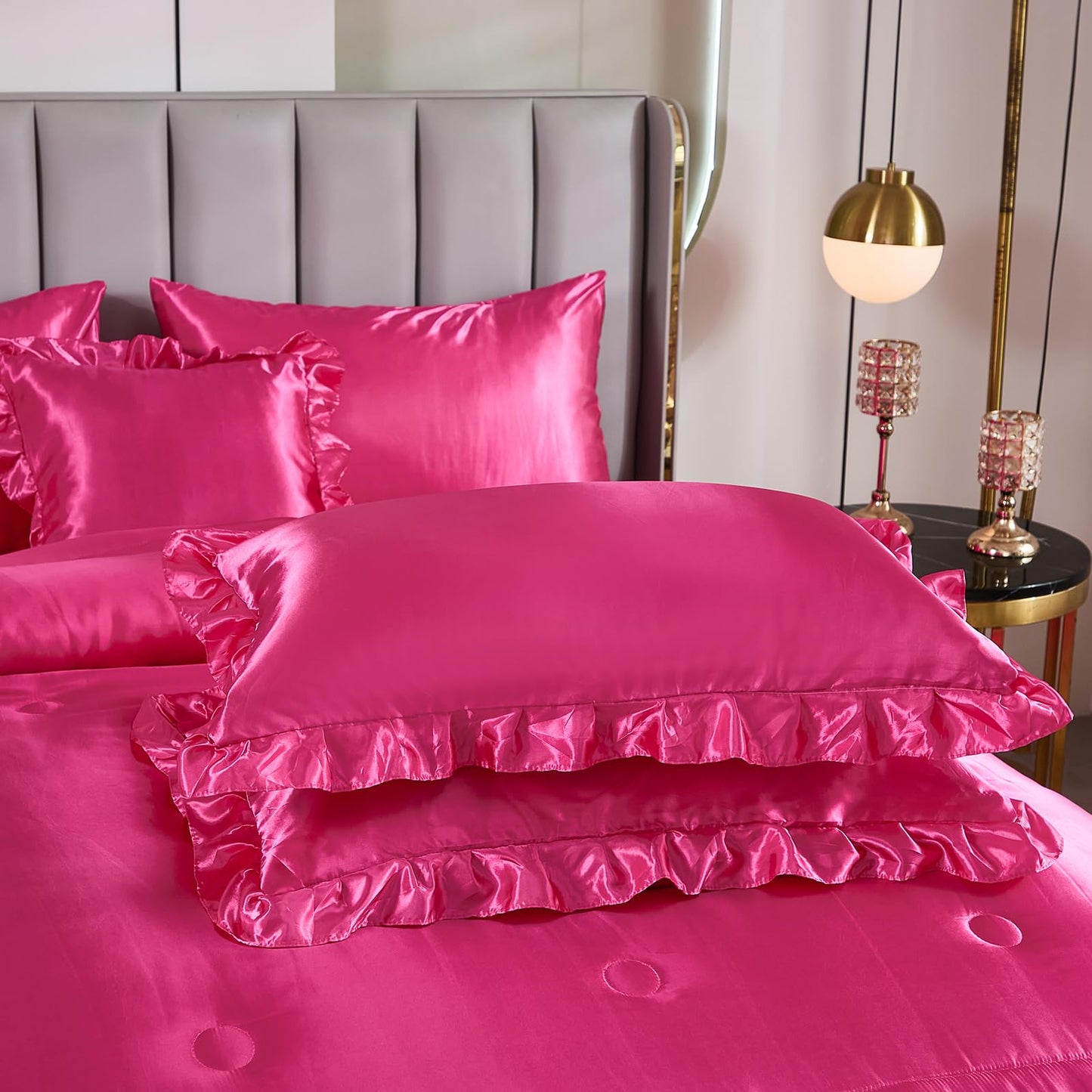 Satin Bed Set King Size,Luxuxy Satin Comforter Set with Sheets,Hot Pink Comforter Set,Silk Like Satin Bedding,8-Piece Ruffle Comforter Bed in a Bag Set, Pink Aesthetic Bedding Set
