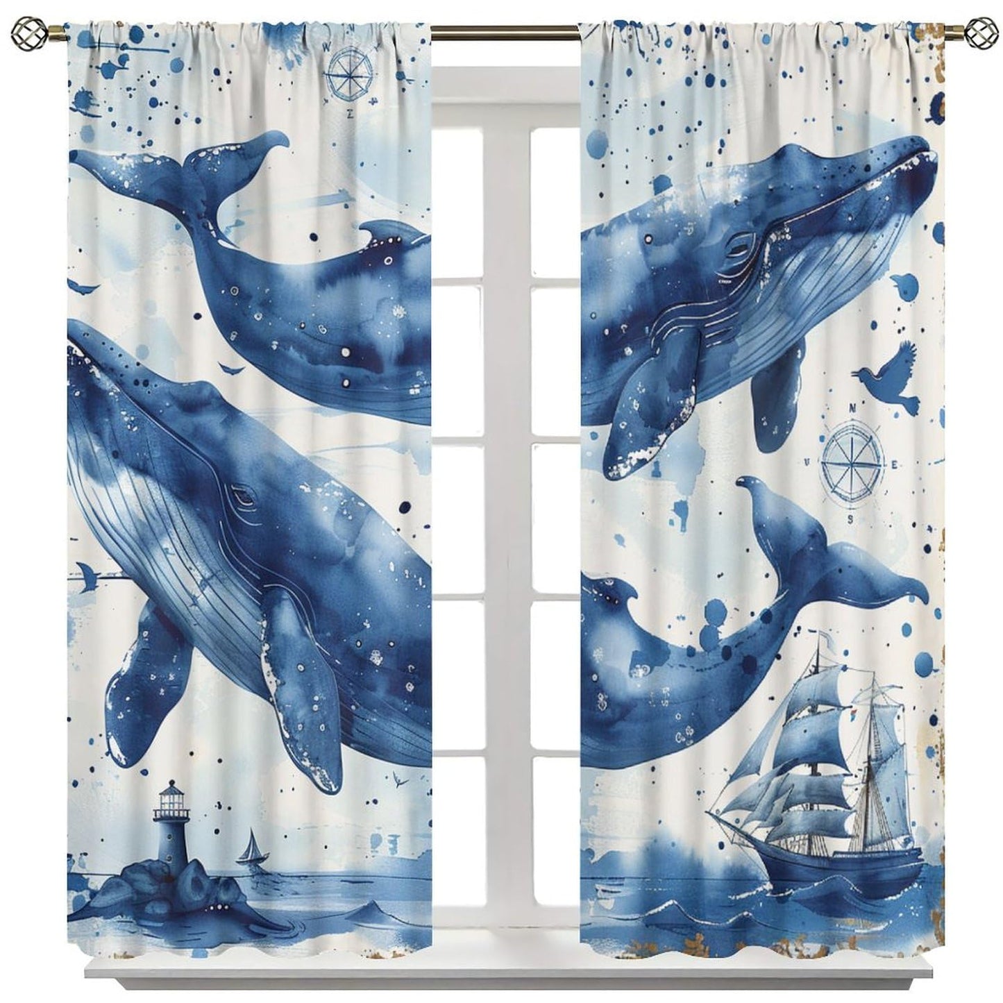 TOWINSFB Nautical Sailboat Whale Blackout Curtains, Retro Lighthouse Ship Compass Home Decor Rod Pocket Window Drapes for Living Room Bedroom - 2 Panels, Each 21" W x 63" L