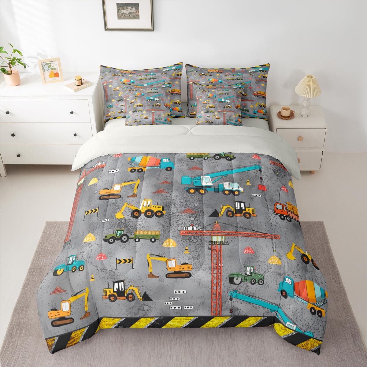 Erosebridal Kids Excavator Bed in A Bag 7 Piece Tractor Truck Comforter Set Twin Size Construction Vehicle Bedding Sets for Kids Teens Boys Girls Equipment Heavy Blender Sheet Set
