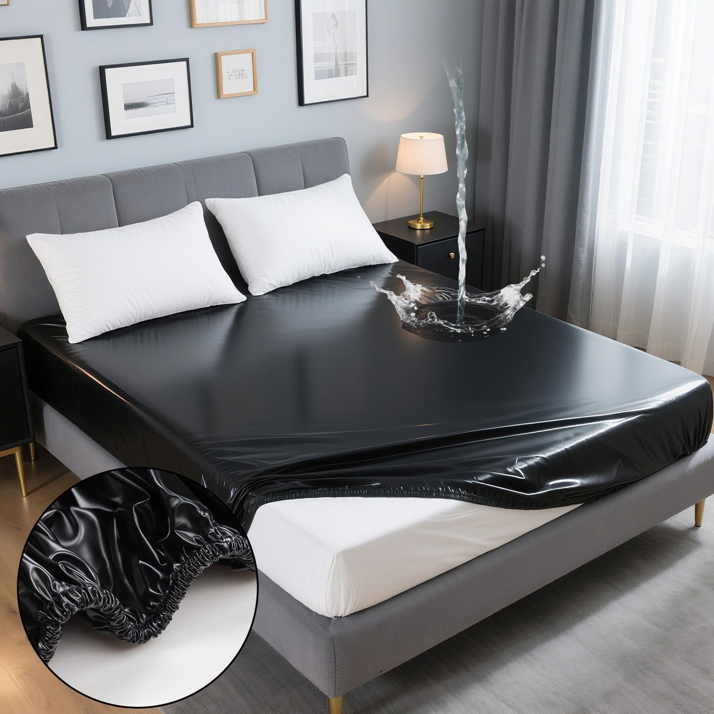 Black Vinyl Queen Mattress Protector Waterproof for Essential Oil Massage Spa, Fits 60x80in (152x203cm), Wipe Clean PVC Mattress Cover Stain & Water Proof Bed Cover Queen Fitted Sheet for Nuru Massage