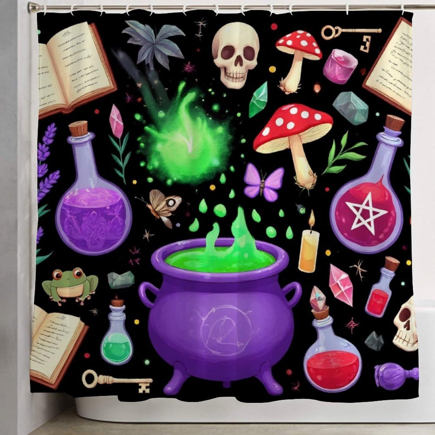 Meaudiwes Fashion Lightweight Shower Curtain Waterproof Bathroom Shower Curtain with 12 Hooks Witch Witchy Mushroom Skull Goth Gothic Black, 72"x 70"