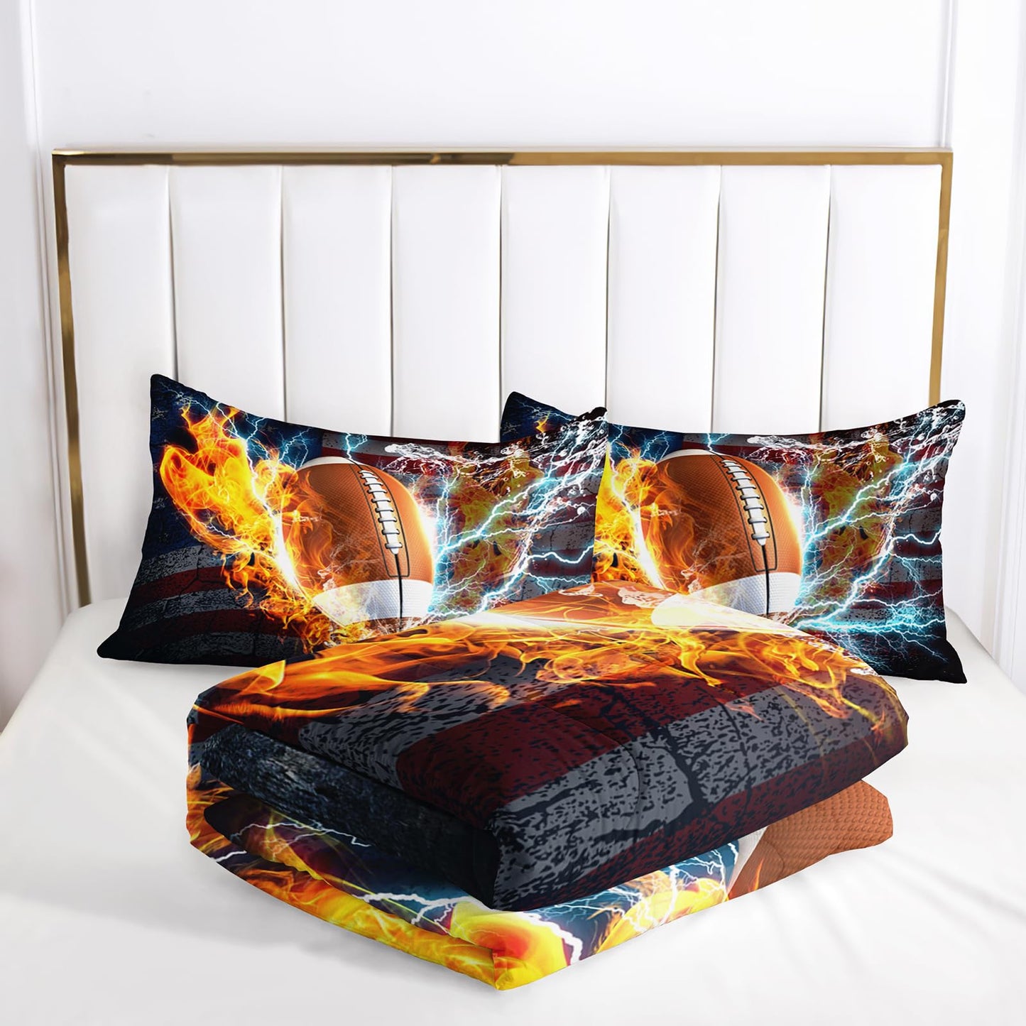 Nttopship Football Comforter Sets King Size, Bedding Sets 3PCS for Kids,US Flag and Fire Football Bedding Sets Sets All Season 1 Comforter and 2 Pillowcases