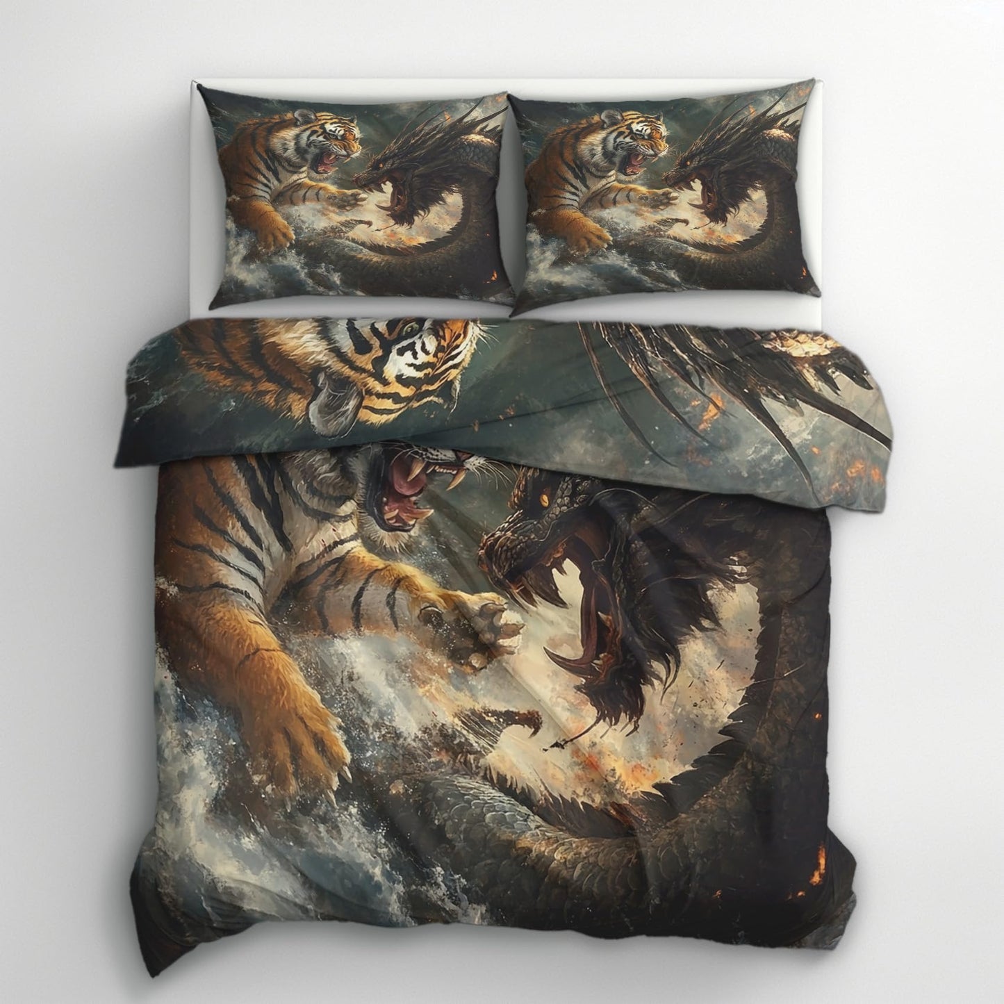 zcwl Tiger and Dragon Duvet Cover Oversized King Size | Fantasy Animal Bedding Set | 3 Piece | Soft Microfiber Patterned Comforter Cover with Zipper Ties & 2 Pillowcases | Mythical Bedroom Decor