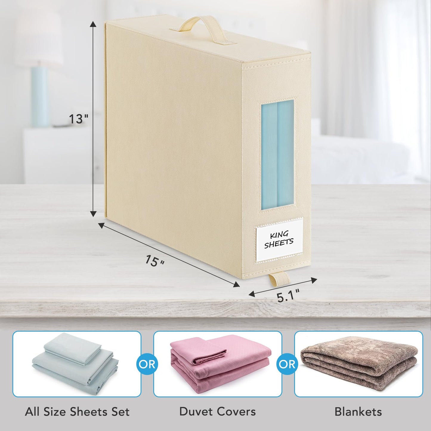 Baesyhom 3 Pcs Bed Sheet Organizers and Storage, Large Size Sheet Set Organizers (Queen & King) Duvet Covers Blanket Storage for Linen Closet with Handle, Zipper, Label and Clear Window, Beige