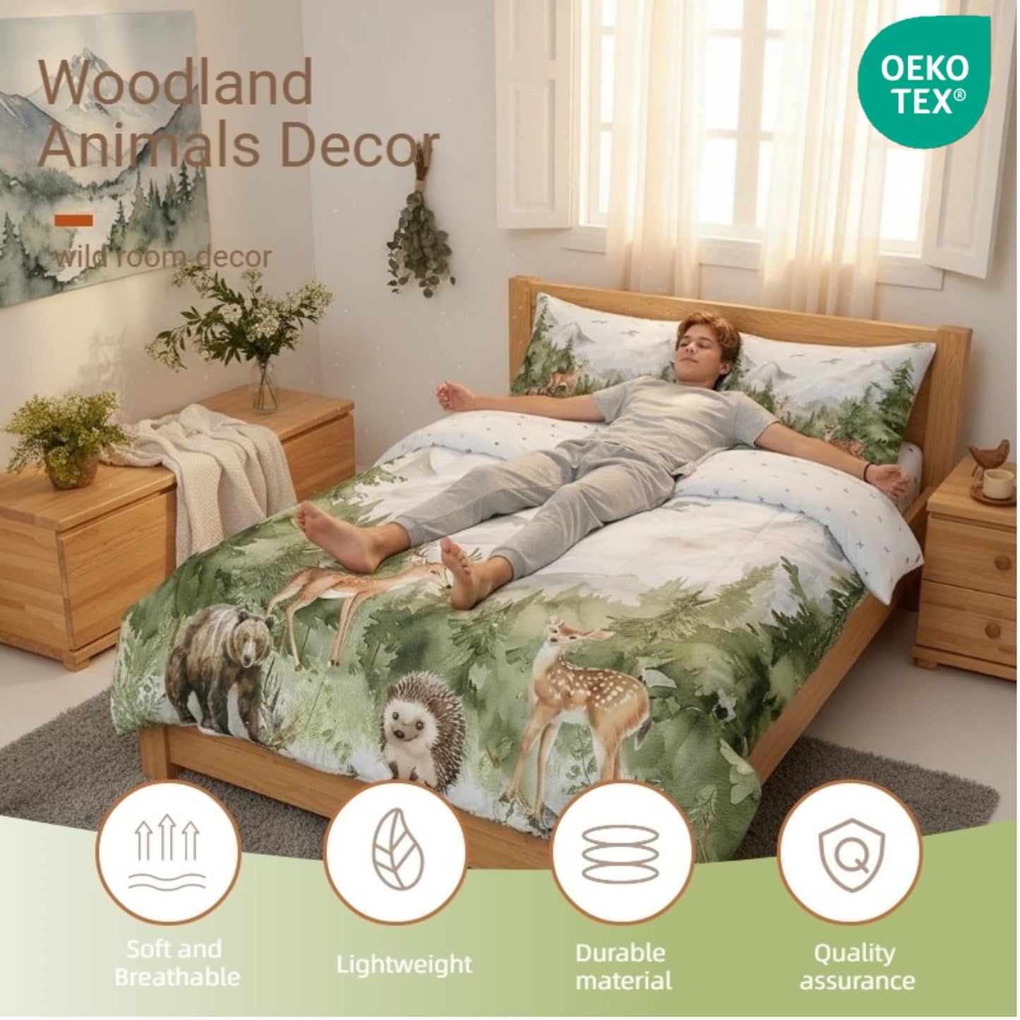 Erosebridal Giant Mountain Forest 7 Piece Comforter Set Twin Woodland Deer Bear Hedgehog Birds Bedding Set Jungle Wild Animal Pine Trees Comforter Wildlife Hunting Botanical Sheets for Kids Boys