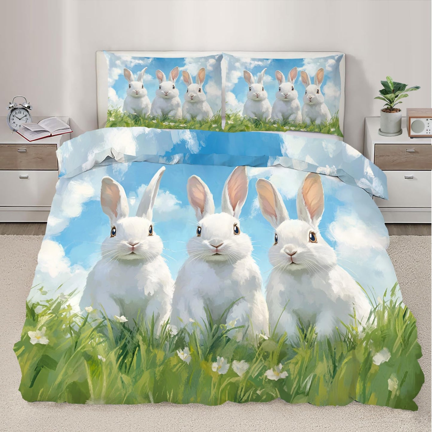 PAISUOQ Bunny/Kids Duvet Cover Queen Size, Cute Bunny Bedding Sets, 3 Piece, Soft Microfiber Patterned Comforter Cover with Zipper Ties & 2 Pillowcase, Easter Theme Bedroom Decor & Gifts
