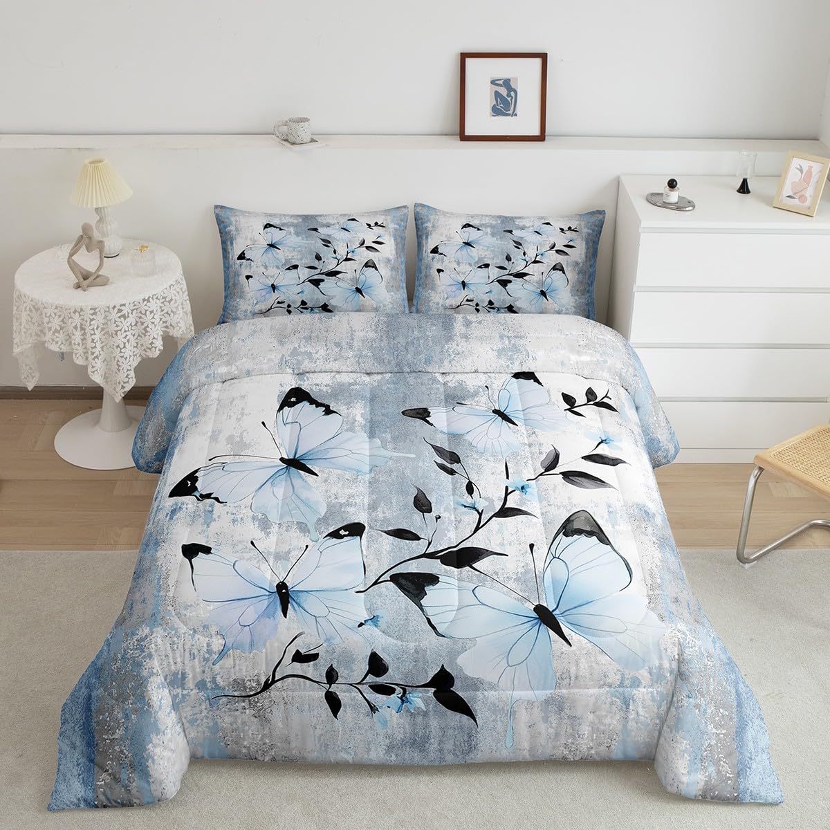Erosebridal Blue Butterfly Queen Comforter Set Butterflies Wild Flying Animals Bedding Set Abstract Oil Painting Bed Set Watercolor Rustic Farmhouse Quilt Set Ombre Blue Grey Design for Adults