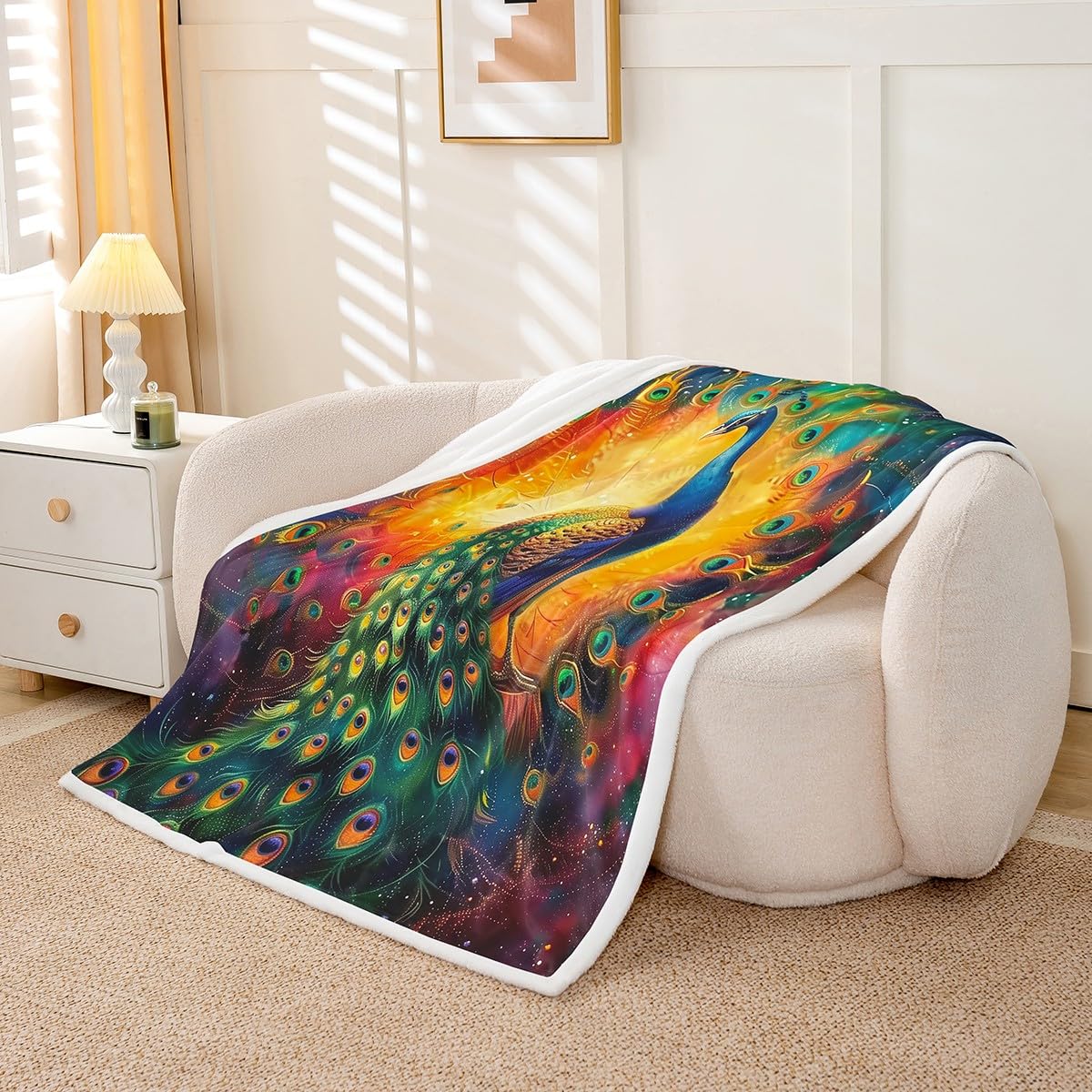 Erosebridal Peahen Fleece Blanket Watercolor Peacock Feather Sherpa Blanket 90"x90", Rustic Aesthetic Animal Jungle Woodland Animals Fuzzy Plush Throw
