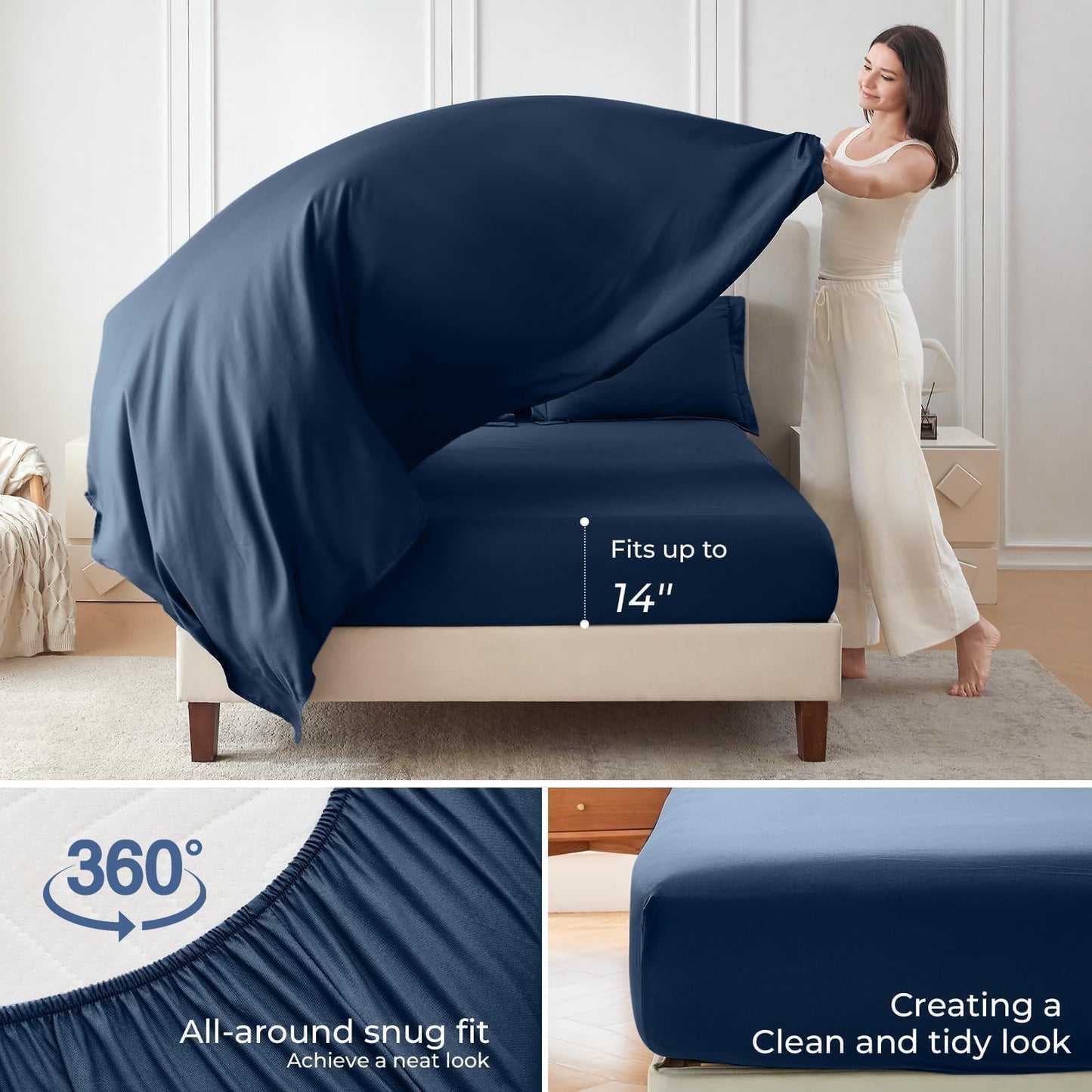 Sasttie Queen Comforter Set, Navy 7 Pieces Bed in a Bag Queen, Complete Bedding Set Includes Comforter, Flat Sheet, Fitted Sheet, Pillowcases and Pillow Shams, Navy