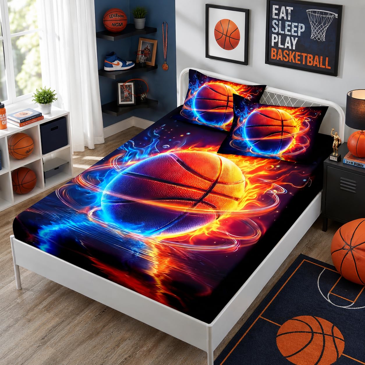HOSIMA Full Fitted Sheet for Kids,Basketball Wrapped in Red Blue Flames,Cool Extreme Sports Bedding for Teens Boys Room Decor,Lightweight Basketball Bedding,1 Fitted Sheet+2 Pillowcases.