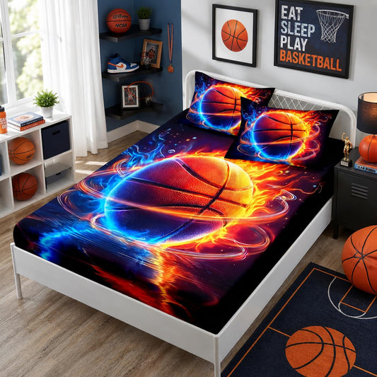 HOSIMA Full Fitted Sheet for Kids,Basketball Wrapped in Red Blue Flames,Cool Extreme Sports Bedding for Teens Boys Room Decor,Lightweight Basketball Bedding,1 Fitted Sheet+2 Pillowcases.