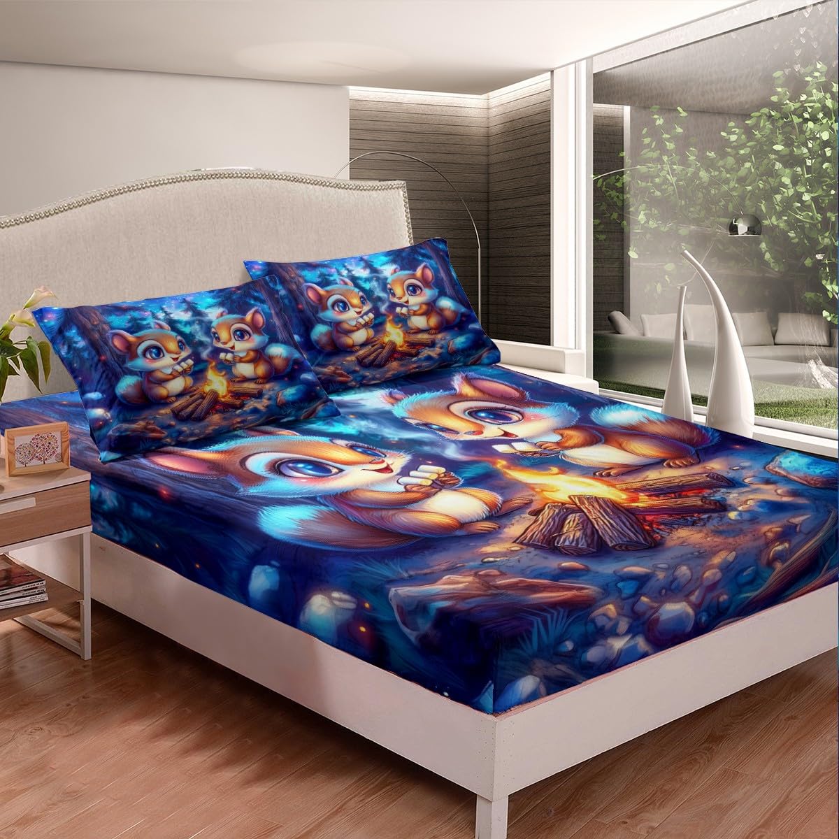 Kawaii Squirrel Kids Fitted Sheet Twin Size,Starry Sky Adventure Camping Campfire Bedding Set,Boys Girls Room Decor,Cartoon Jungle Animal Rustic Bed Cover,Blue Bed Sheet,1 Pillowcase(No Top Sheet)