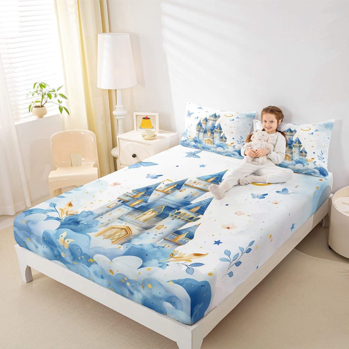 Erosebridal Girls Princess Twin Fitted Sheet - Castle Dreamy Bedding Set for Kids Teen, Blue Butterfly Floral Bottom Sheets Only | Moon and Stars Cute Girly Bed Set 2 Piece Bedroom Decor
