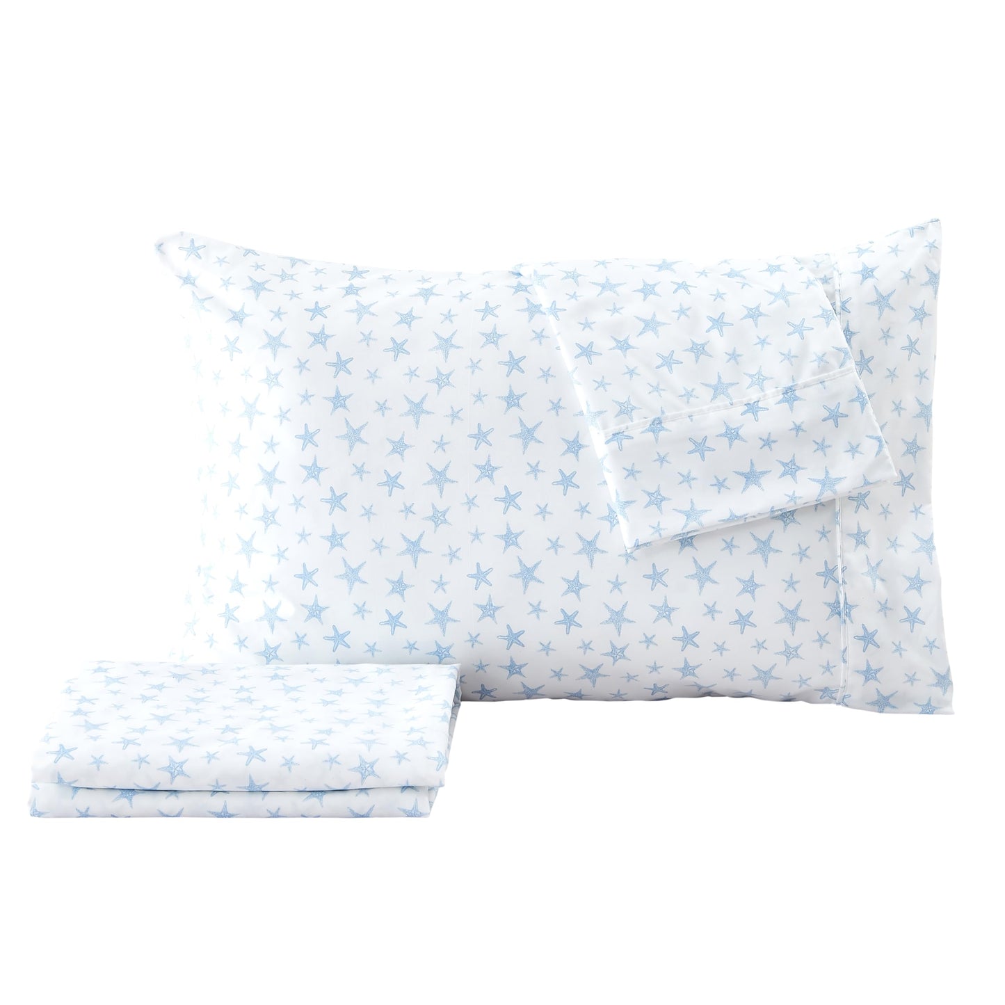 Great Bay Home Twin Coastal Microfiber Sheet Set - 3-Piece Nautical-Printed, Ultra-Soft Sheets - Beach-Themed Bedding Sheets & Pillowcases (Starfish - Blue)