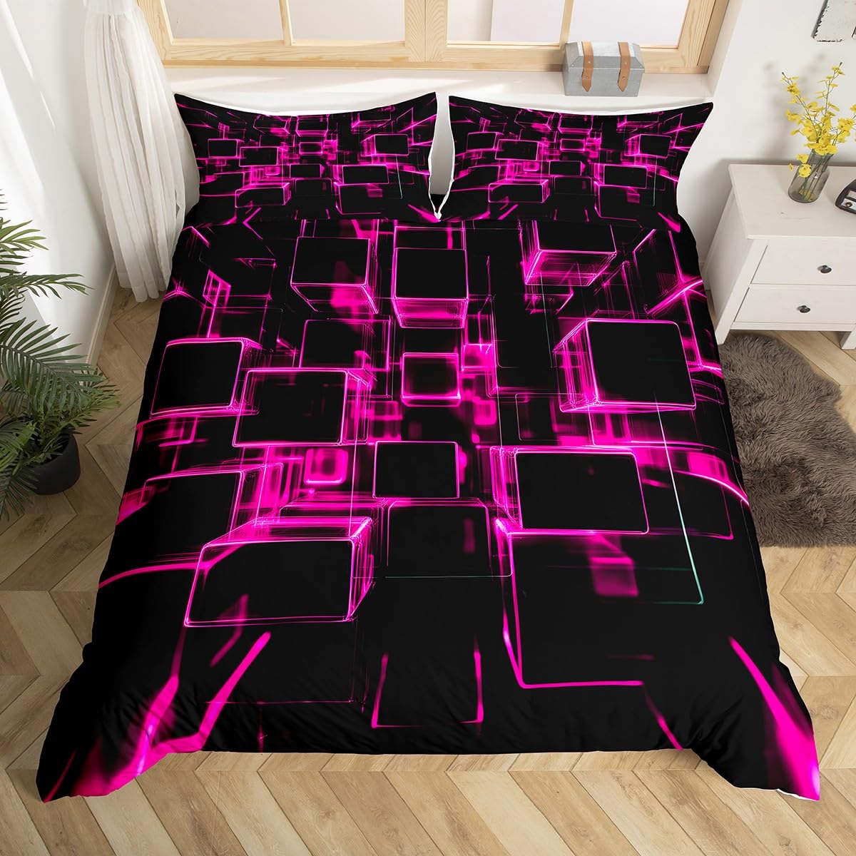 Erosebridal Girly Pink and Black Kids Duvet Cover, Modern Abstract Geometric Square Bedding Sets for Boys Girls Gradient Neon Light Honeycomb Bed Cover Queen with 2 Pillowcases