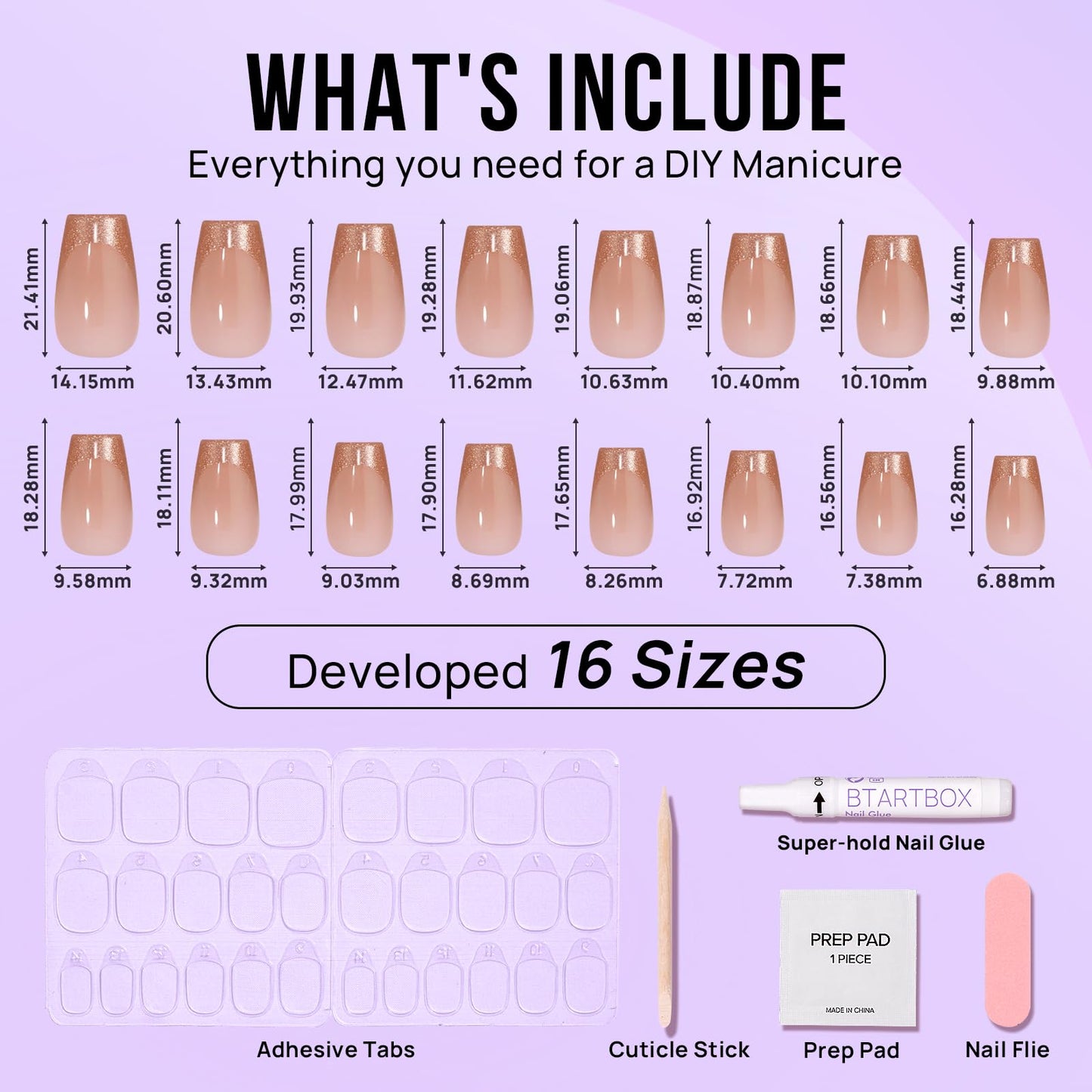 BTArtbox Press on Nails Coffin - Gold Rose French Tips Press On Nails Short for Women, Cat Eye Nail Tips, Glitter Fake Nails with Glue, Glue On Nails in 16 Sizes - 32 Nail Kit, Gold Dust