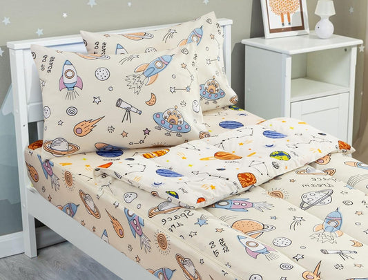 Meeting Story 3pcs Kids Comforter Set Zipper Bedding Set,Twin Space Bedding Set Comforter Set for Kid,All in one Zipper Bedding（Beige,Twin）