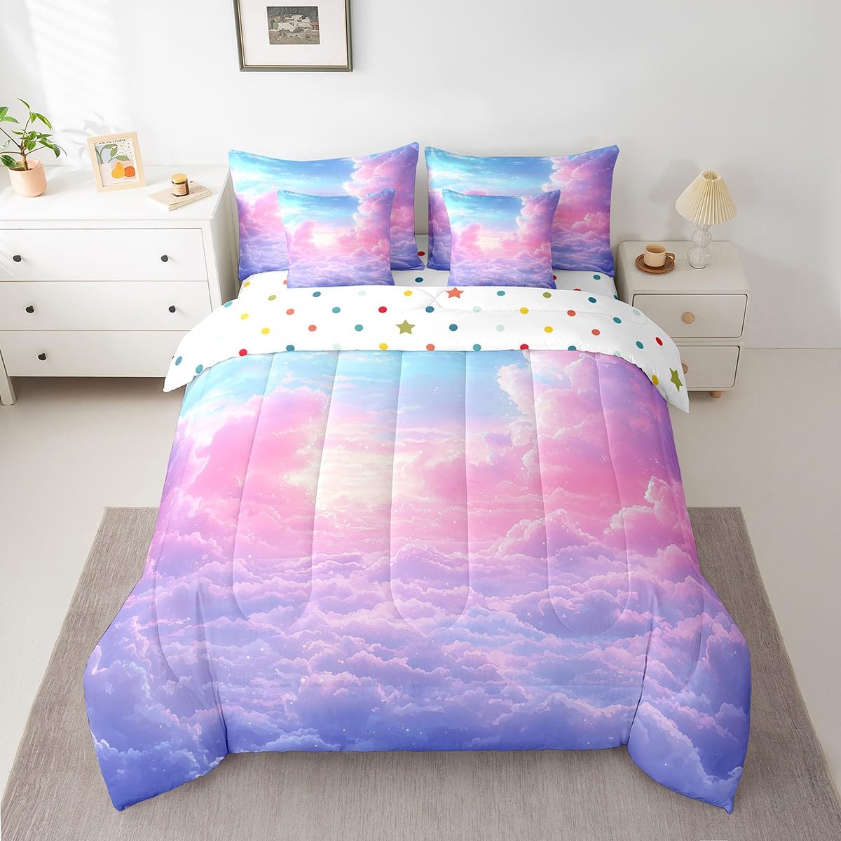Cloud Sky 7 Pieces Bedding Set Twin Size Kids Girls Rainbow Bed in a Bag with Comforter, Sheets, Pillowcases Cute Lightweight Bed Set Breathable Ombre Starry Sky Room Decor Comforter Set with Sheets