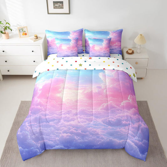 Cloud Sky 7 Pieces Bedding Set Twin Size Kids Girls Rainbow Bed in a Bag with Comforter, Sheets, Pillowcases Cute Lightweight Bed Set Breathable Ombre Starry Sky Room Decor Comforter Set with Sheets