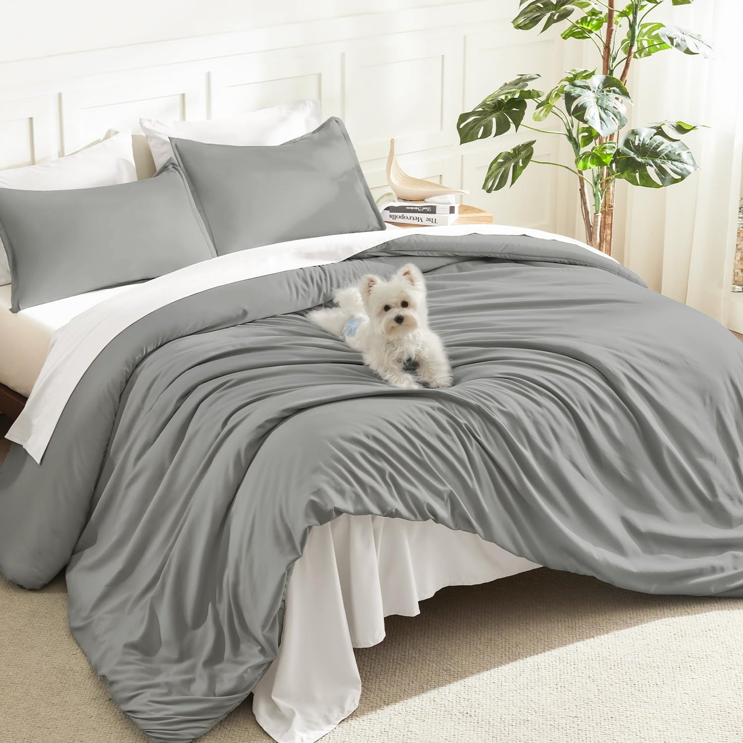 Litanika Comforters Medium Gray King Size, 3 Pieces Lightweight Solid Bedding Set & Collections, All Season Fluffy Bed Set (104x90In Comforter & 2 Pillowcases)