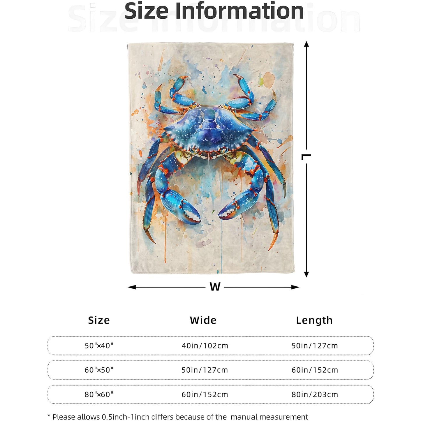 Coastal Blue Crab Blanket 50x60 in, Flannel Throw Blankets for Travel Camping Sofa Living Room Decor, Lightweight Cozy Soft Fuzzy Gifts for Women Adults Kids