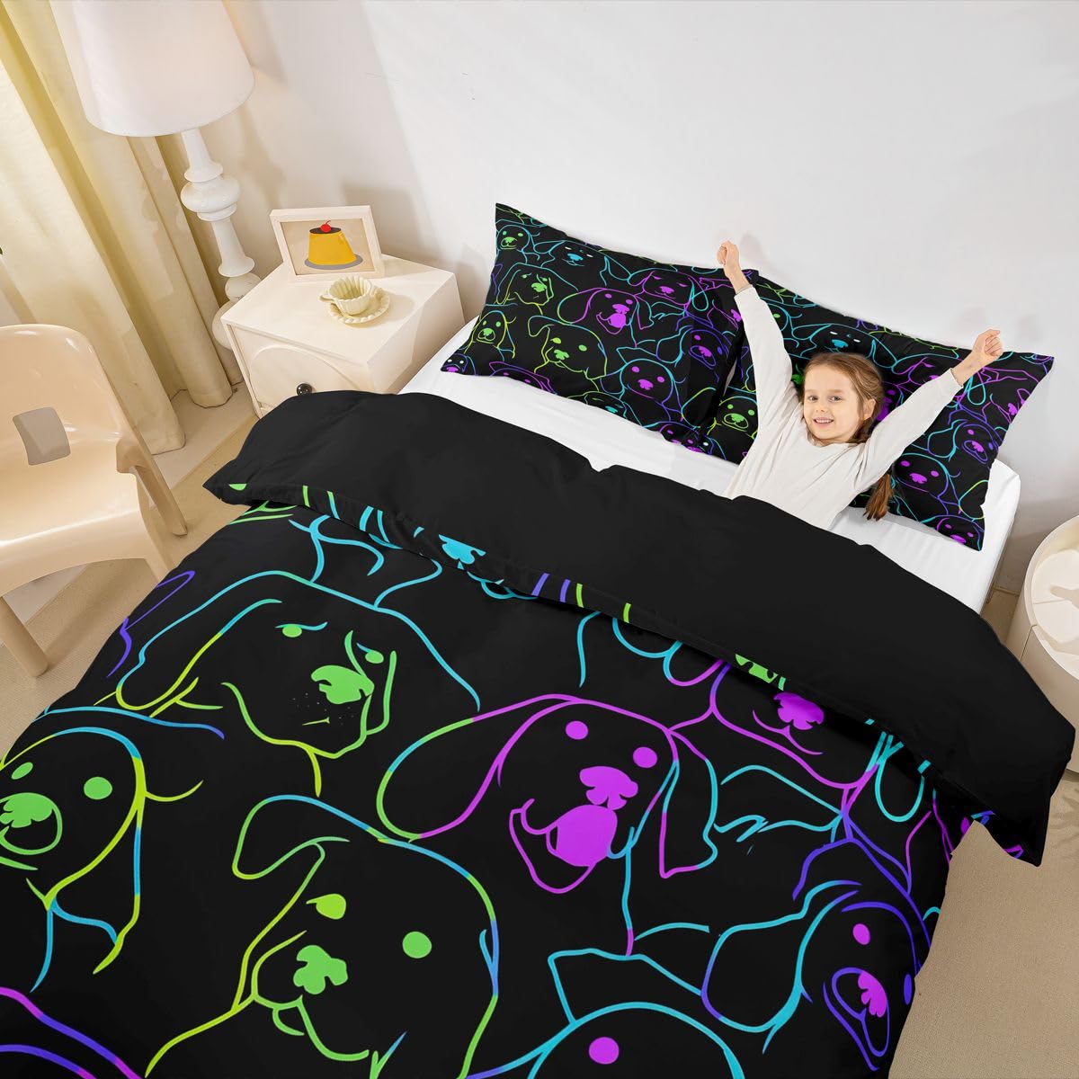 Erosebridal Dog Themed Bedding Full Cute Simple Strokes Animal Comforter Cover for Kids Boys Girls Soft 3 Pcs Duvet Cover, Rainbow Bright Colorful Pet Kawaii Puppy Pattern Bedspread