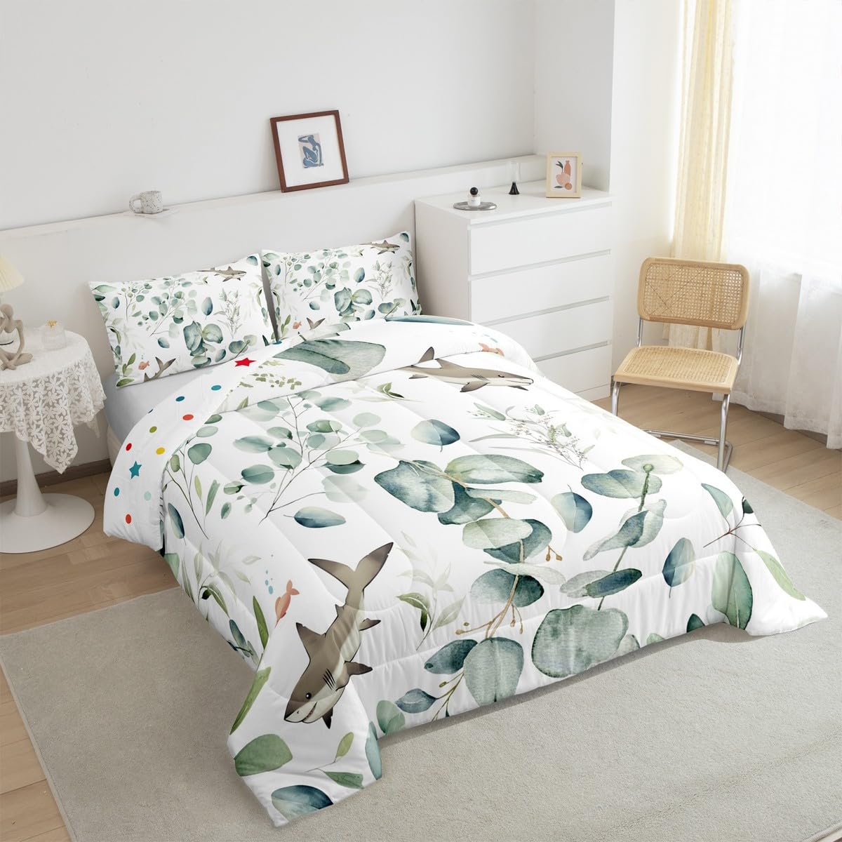 Erosebridal Girls Kawaii Animal Bedding Twin Size Cute Shark Comforter Set Twin, Cartoon Wildlife Duvet Insert Green Leaf Quilt Comforter, Plant Bedding Comforters & Sets Child Kids Bedroom Decor
