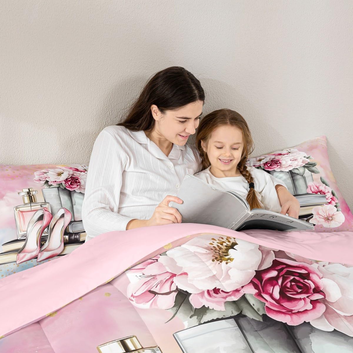 Erosebridal Pink Floral King Bedding Set for Girls Kids Teens Girly Modern Fashion Comforter Set Women Romantic Perfume Down Comforter Fantasy Dreamy High Heels and Book Quilt