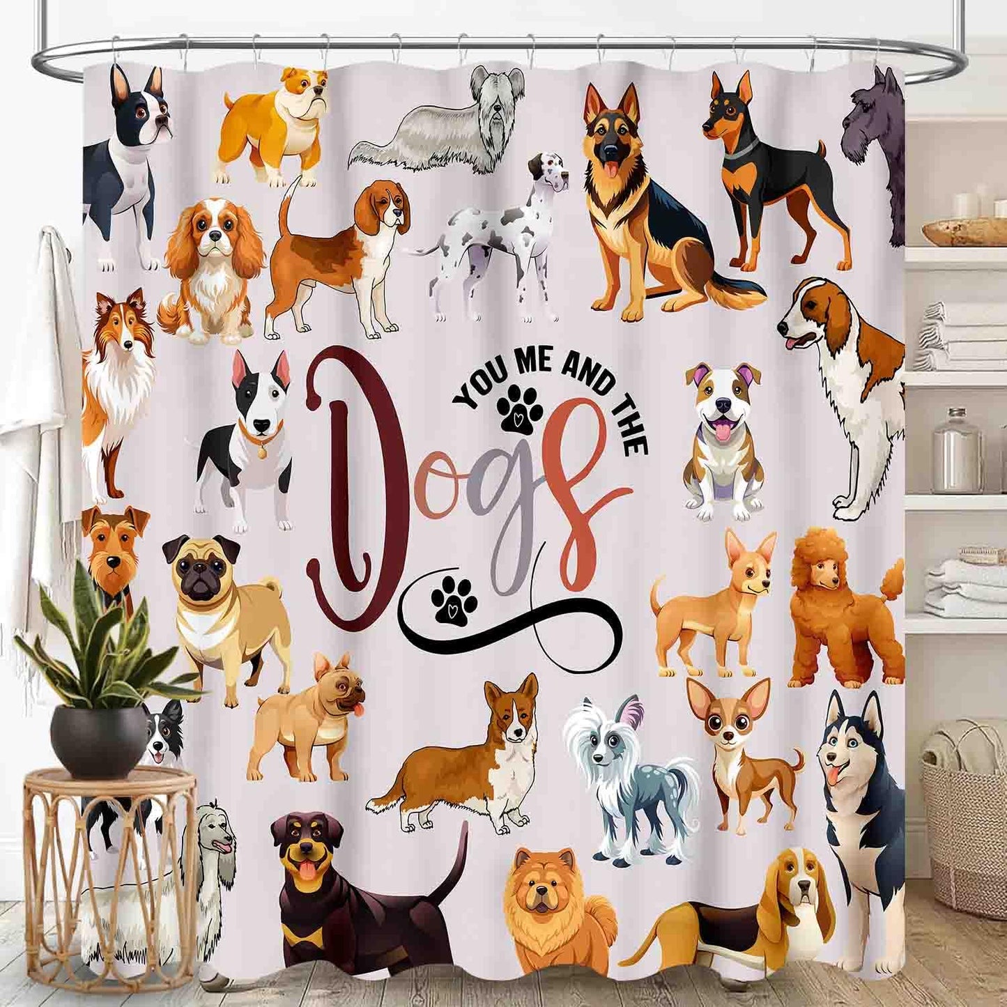 TKUYO Cute Dog Shower Curtain, Funny Animals Multi Puppy Dog Lovers Kawaii Cute Pets Colorful Carton Kids Girls Boys Waterproof Fabric Bathroom Shower Curtain Set with Hooks, 72"x72" Inch