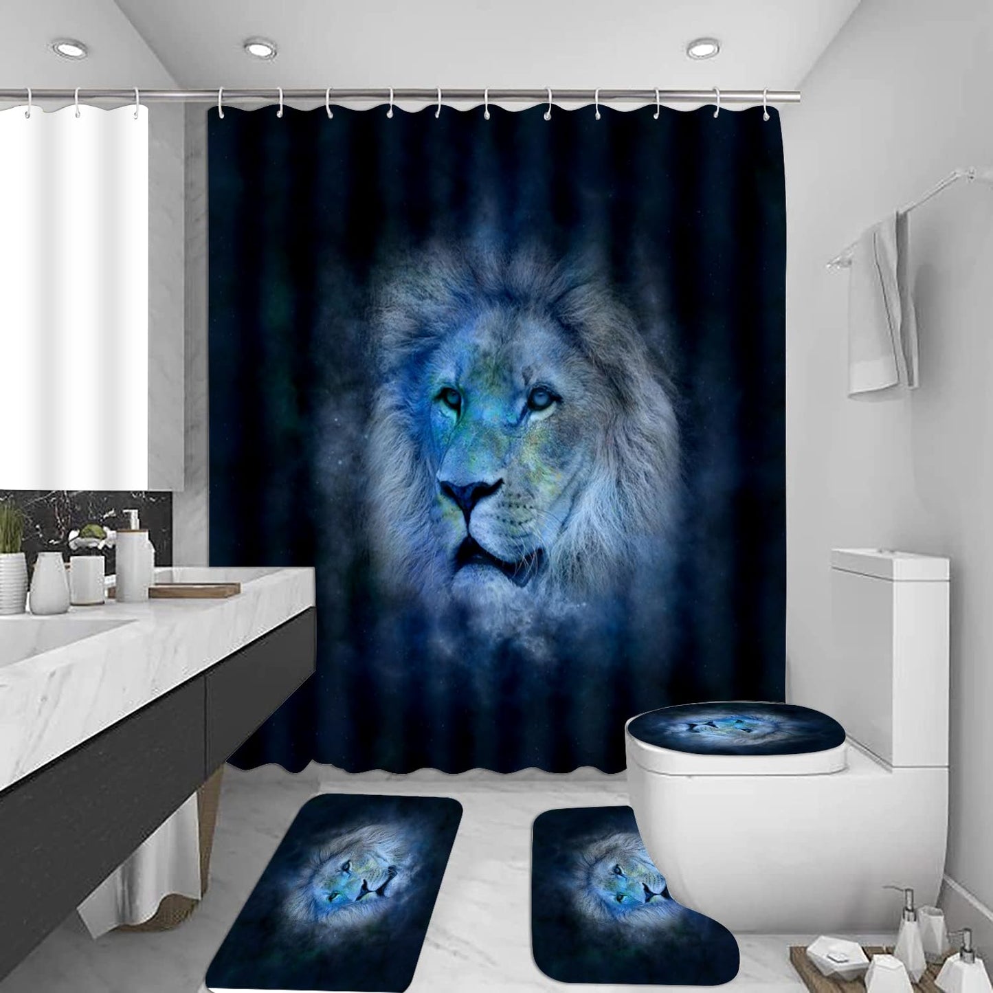 4PCS Navy Blue Lion Shower Curtain Set, Animal Style Bathroom Decor